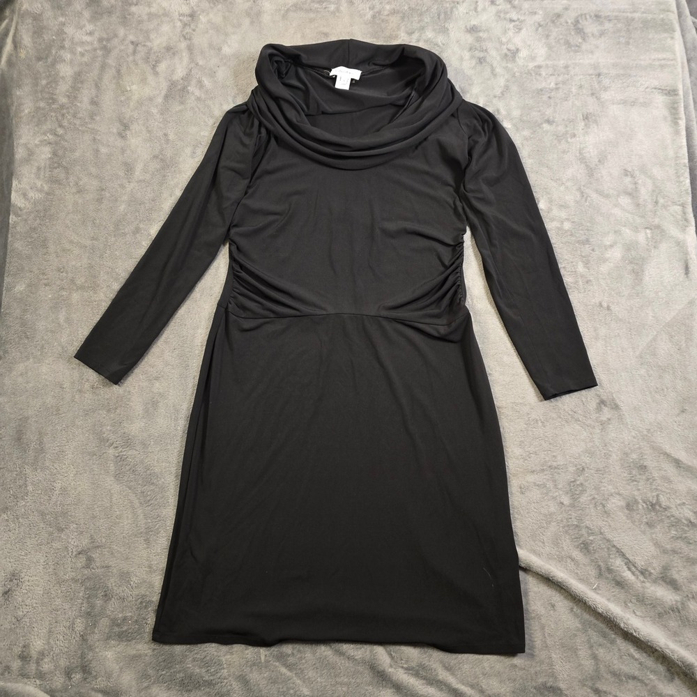 Chic Black Cowl Neck Midi Dress‎ Small Ruched Draped Bodycon Cocktail Party Gala
